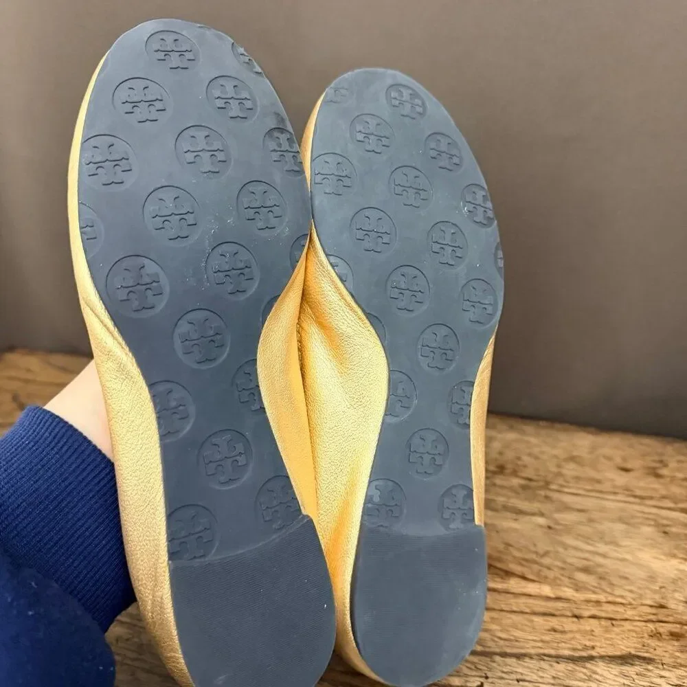 Tory Burch Reva Metallic Gold Tumbled Ballerina Flats